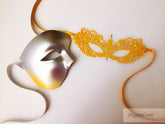 Silver half-face men’s masquerade mask with yellow lace rhinestone kids mask, perfect for father–daughter events.