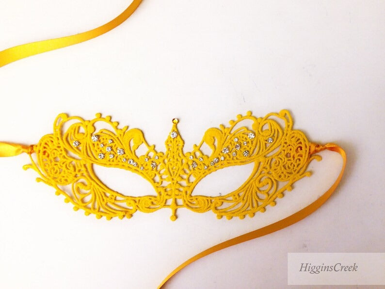 Silver half-face men’s masquerade mask with yellow lace rhinestone kids mask, perfect for father–daughter events.