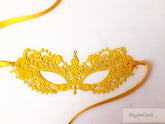 Silver half-face men’s masquerade mask with yellow lace rhinestone kids mask, perfect for father–daughter events.