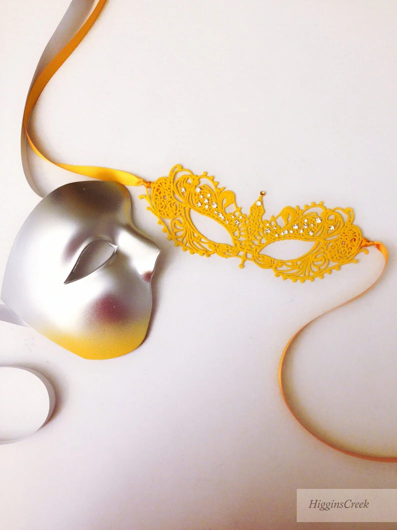 Silver half-face men’s masquerade mask with yellow lace rhinestone kids mask, perfect for father–daughter events.