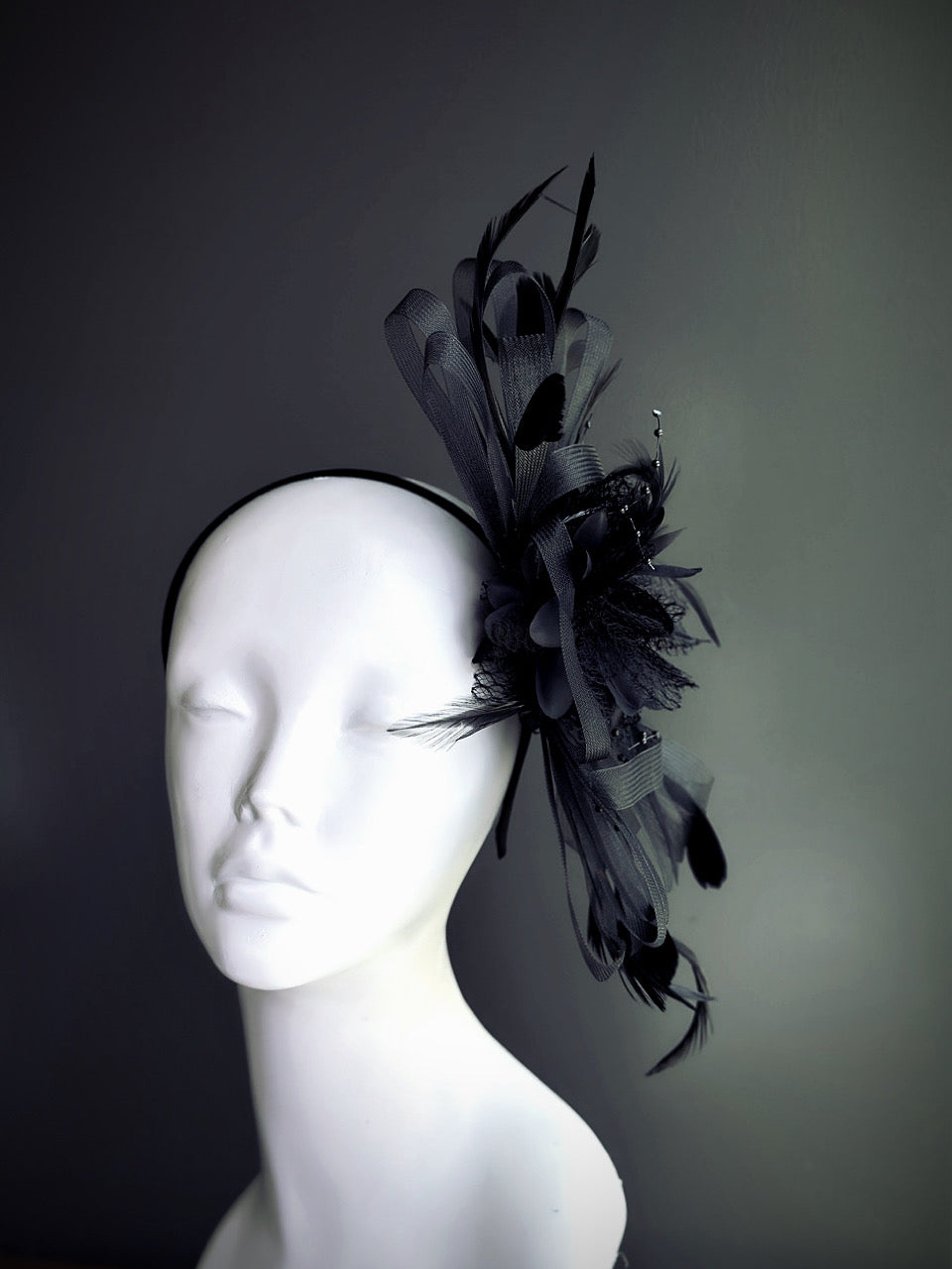 black fascinator hat with feathers and sheer tulle ribbon accents