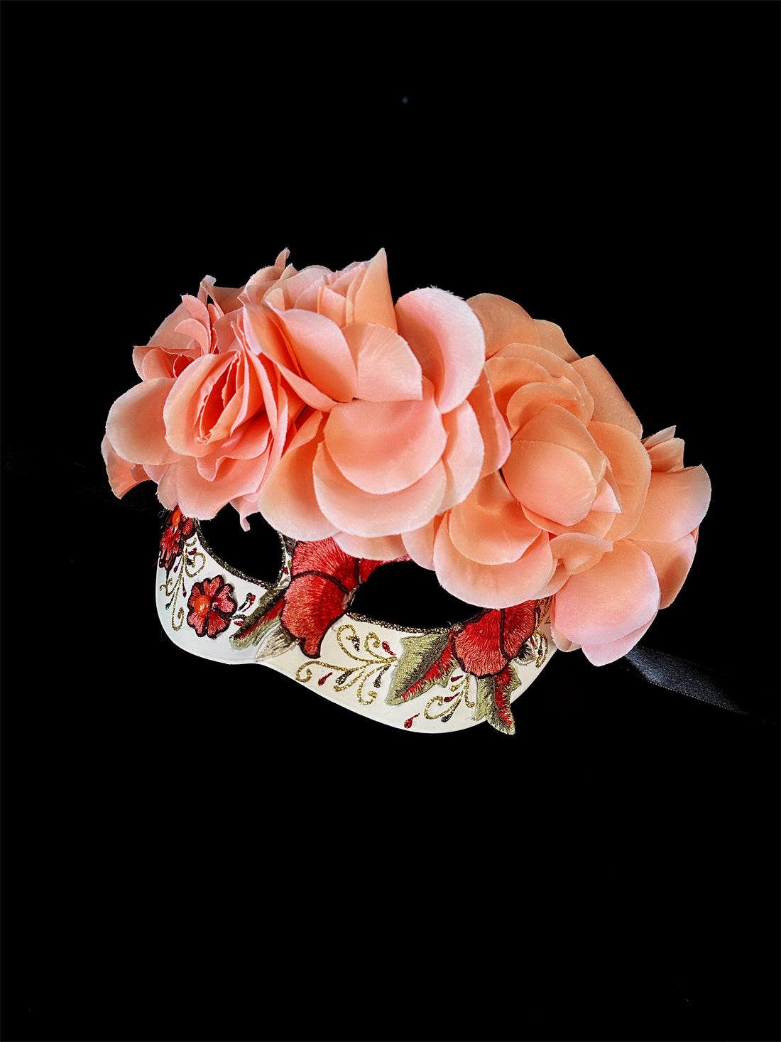 Floral mask adorned with peach roses and embroidered floral details, part of the Vintage Bloom collection