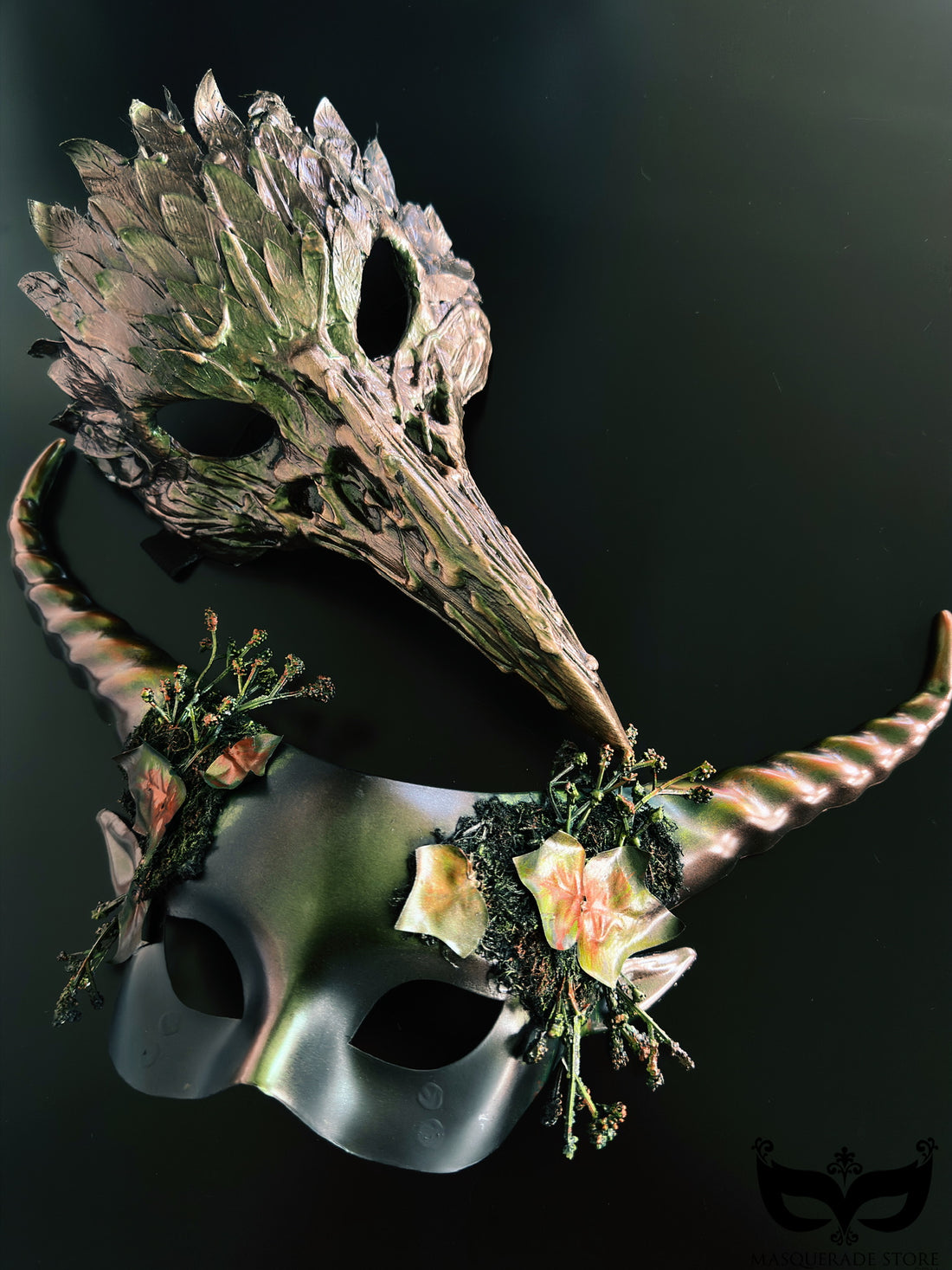 Woodland crow masquerade mask and horned fantasy mask with moss and dried floral for couples