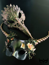 Woodland crow masquerade mask and horned fantasy mask with moss and dried floral for couples