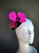 Fuchsia orchid fascinator hat with velvet base and pink flowers

