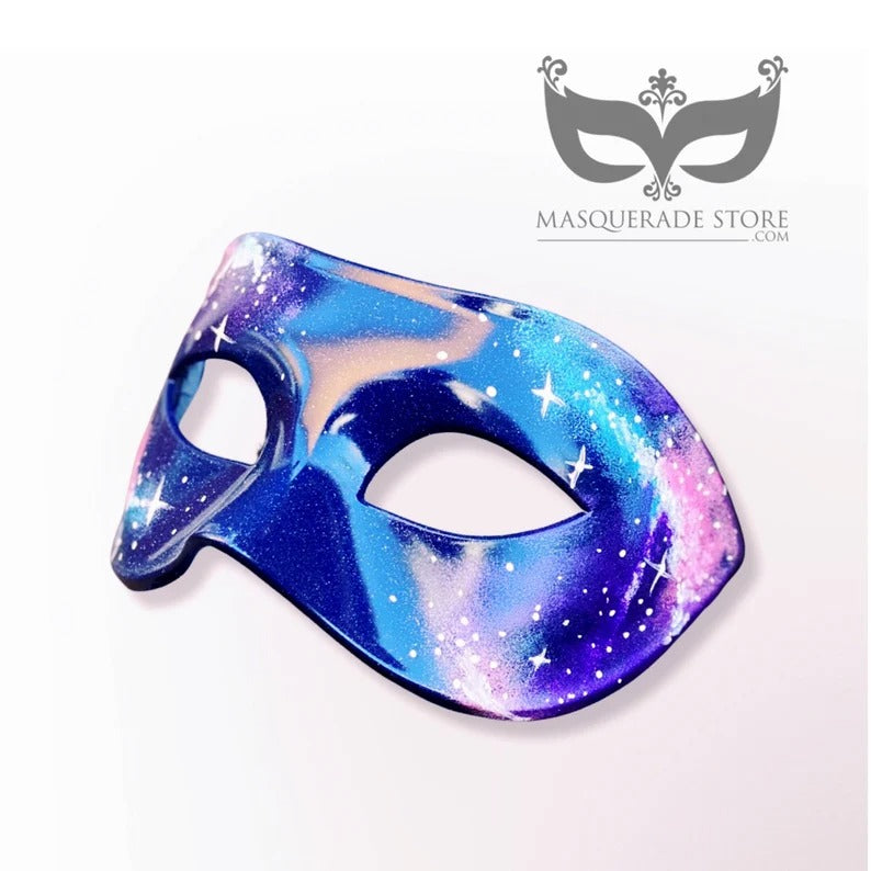 Nebula galaxy masquerade mask painted in blue, purple, and pink with starry cosmic details for masquerade, festivals, or cosplay.