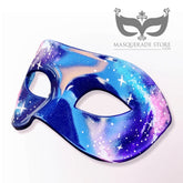 Nebula galaxy masquerade mask painted in blue, purple, and pink with starry cosmic details for masquerade, festivals, or cosplay.