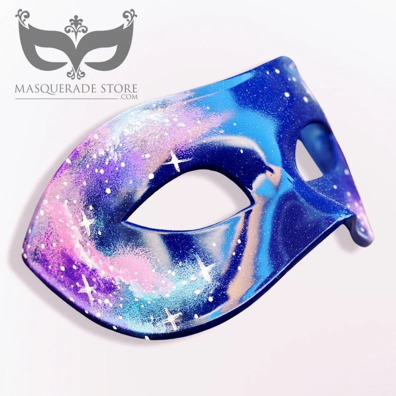 Nebula galaxy masquerade mask painted in blue, purple, and pink with starry cosmic details for masquerade, festivals, or cosplay.