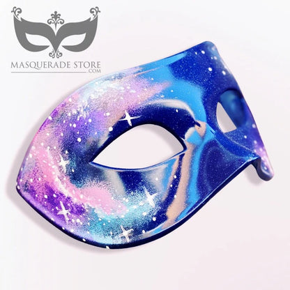 Nebula galaxy masquerade mask painted in blue, purple, and pink with starry cosmic details for masquerade, festivals, or cosplay.