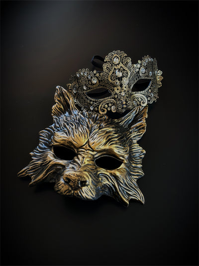 Gold wolf mask and crystal lace masquerade couples masks set