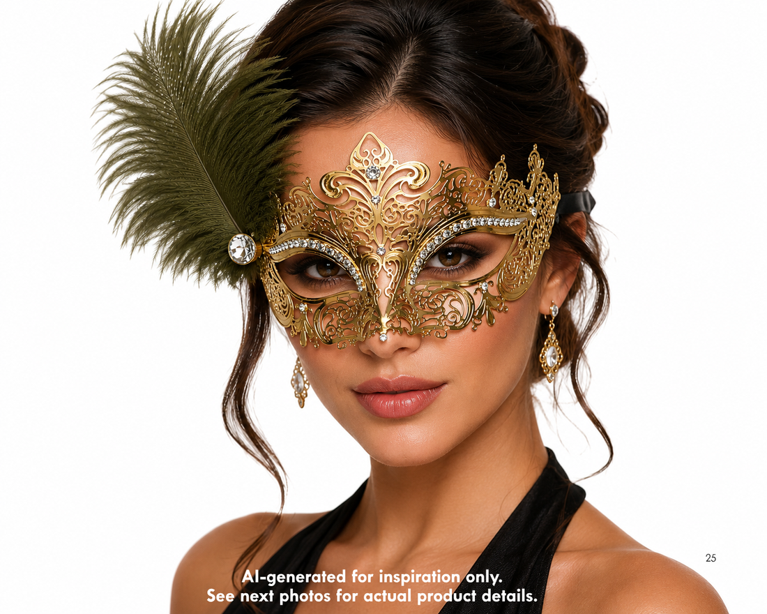 Gold laser-cut Venetian filigree masquerade mask featuring crystal rhinestones, genuine olive green ostrich feather, and satin ribbon ties for masquerade balls, Mardi Gras, Venetian carnival, gala events, cosplay, weddings, and Halloween.