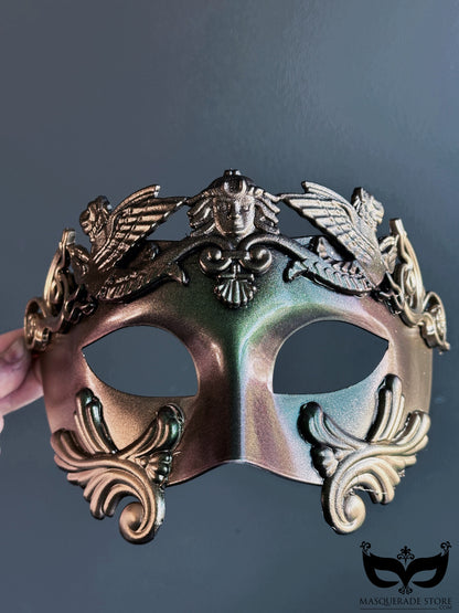 Mens gladiator mask in black gold and green