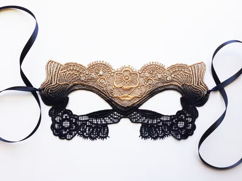 Gold and black lace masquerade mask for women, Venetian lace mask with satin ties, perfect for masquerade ball, prom, wedding, and Halloween costumes.