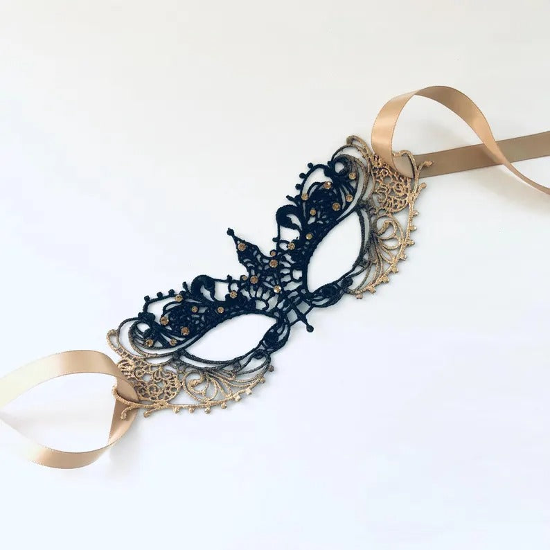 Elegant gold and black lace masquerade mask with rhinestones, Venetian-inspired lace eye mask for women, perfect for weddings, masquerade balls, prom, and Halloween parties.