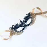 Elegant gold and black lace masquerade mask with rhinestones, Venetian-inspired lace eye mask for women, perfect for weddings, masquerade balls, prom, and Halloween parties.