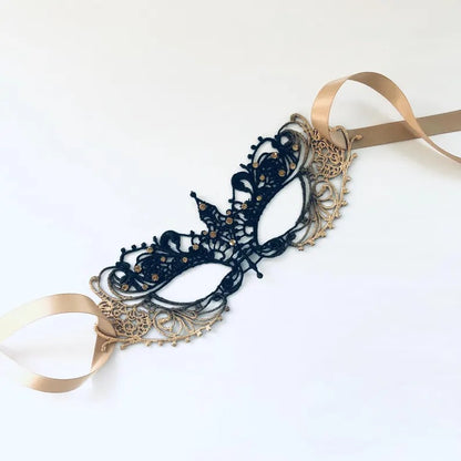 Elegant gold and black lace masquerade mask with rhinestones, Venetian-inspired lace eye mask for women, perfect for weddings, masquerade balls, prom, and Halloween parties.