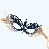 Elegant gold and black lace masquerade mask with rhinestones, Venetian-inspired lace eye mask for women, perfect for weddings, masquerade balls, prom, and Halloween parties.