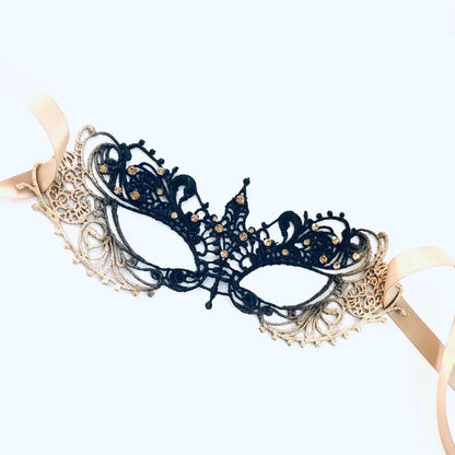 Elegant gold and black lace masquerade mask with rhinestones, Venetian-inspired lace eye mask for women, perfect for weddings, masquerade balls, prom, and Halloween parties.