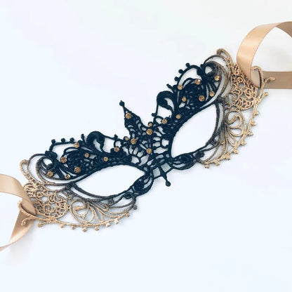 Elegant gold and black lace masquerade mask with rhinestones, Venetian-inspired lace eye mask for women, perfect for weddings, masquerade balls, prom, and Halloween parties.