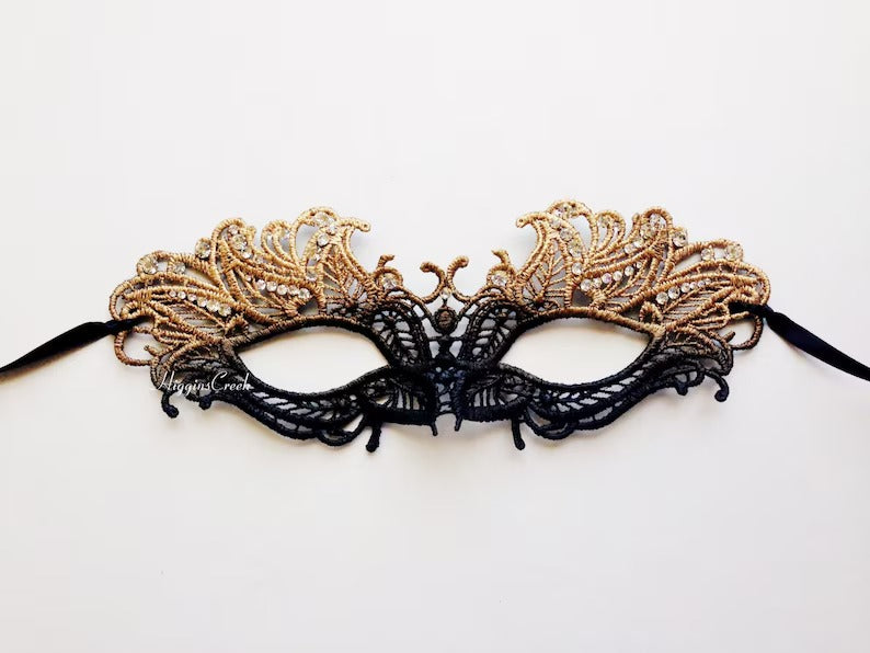 Gold black ombre lace masquerade mask with rhinestones, elegant lace eye mask for women, perfect for masquerade ball, prom, and Halloween parties.