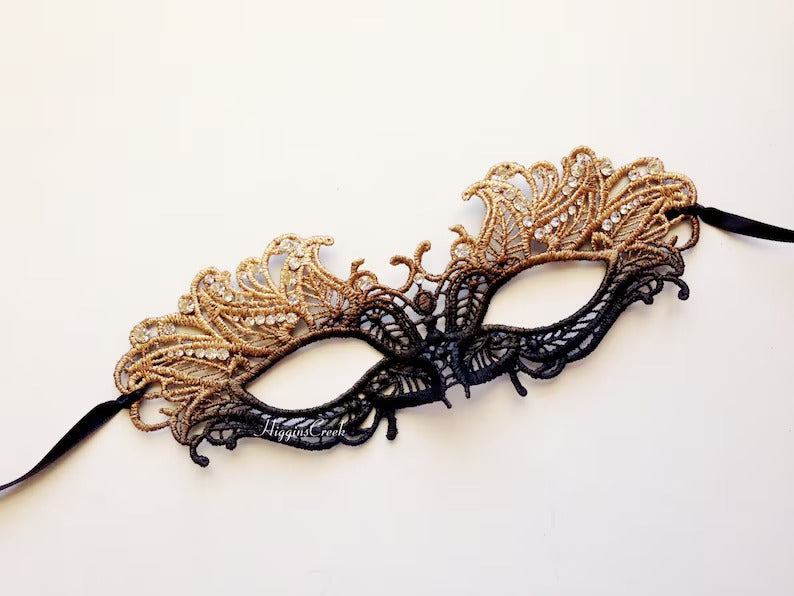 Gold black ombre lace masquerade mask with rhinestones, elegant lace eye mask for women, perfect for masquerade ball, prom, and Halloween parties.