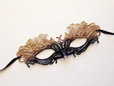 Gold black ombre lace masquerade mask with rhinestones, elegant lace eye mask for women, perfect for masquerade ball, prom, and Halloween parties.