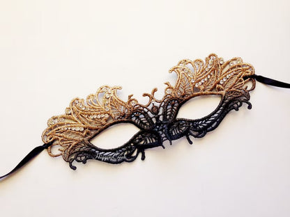 Gold black ombre lace masquerade mask with rhinestones, elegant lace eye mask for women, perfect for masquerade ball, prom, and Halloween parties.
