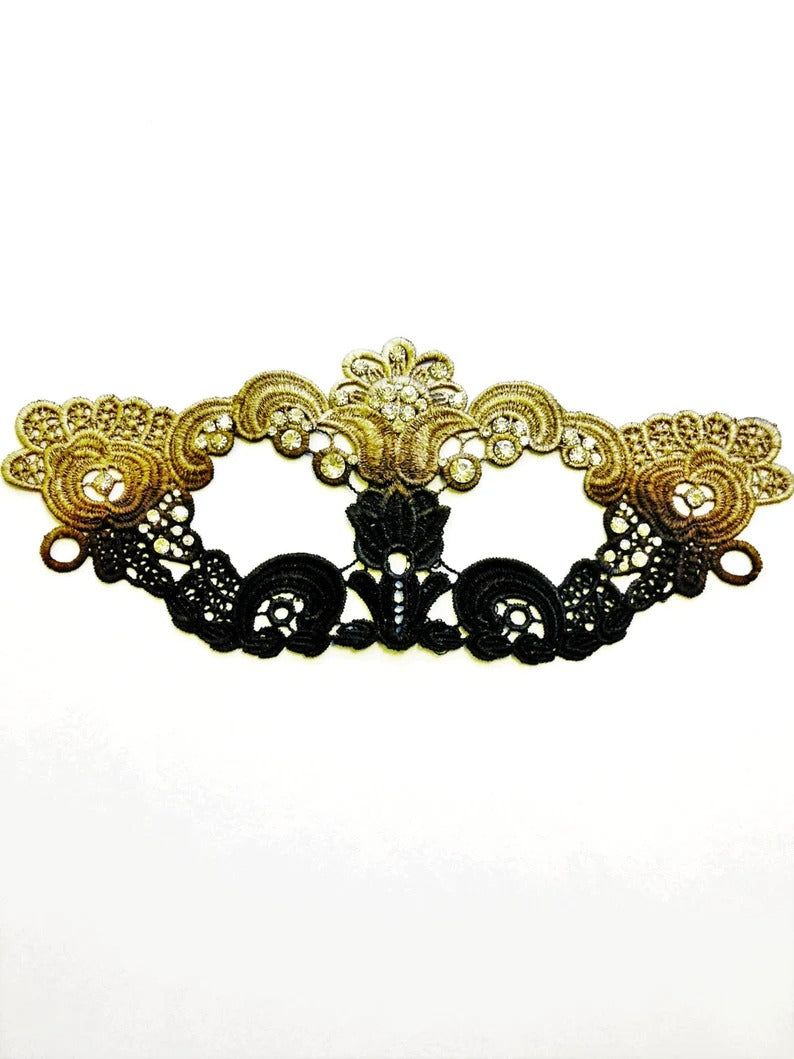 Gold black ombre lace masquerade mask with rhinestones, elegant lace eye mask for women, perfect for prom, masquerade ball, and Halloween parties.