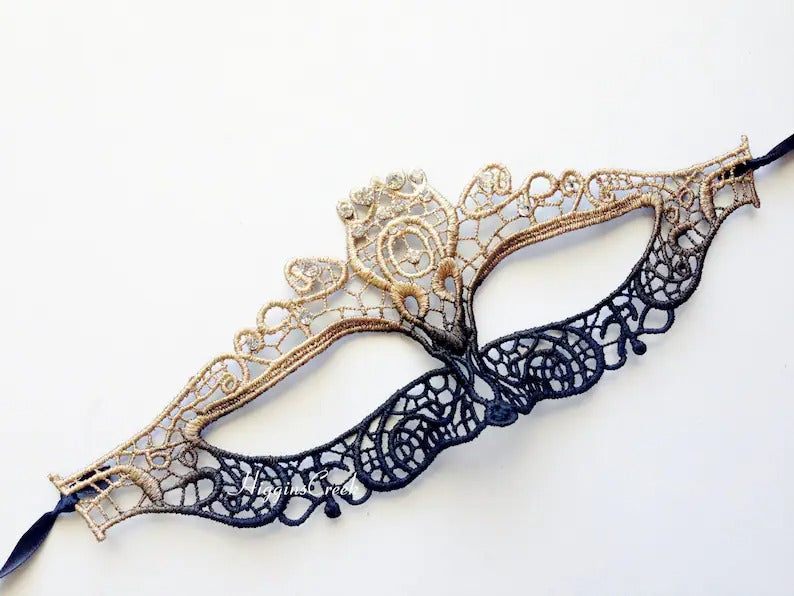 Elegant ombre lace masquerade mask in gold and black, Venetian-inspired lace eye mask for women, perfect for weddings, masquerade balls, prom, and Halloween.
