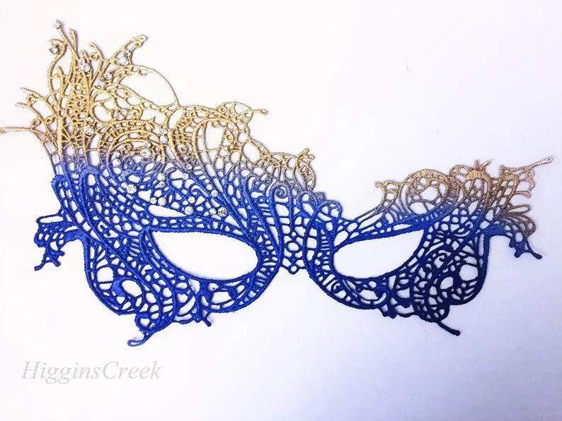 Elegant gold and blue ombré lace masquerade mask for women, ideal for prom, Venetian ball, or themed events.