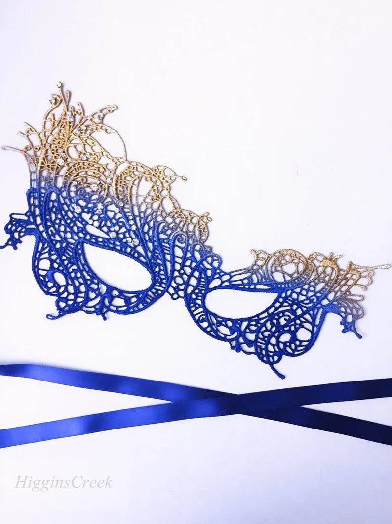 Elegant gold and blue ombré lace masquerade mask for women, ideal for prom, Venetian ball, or themed events.