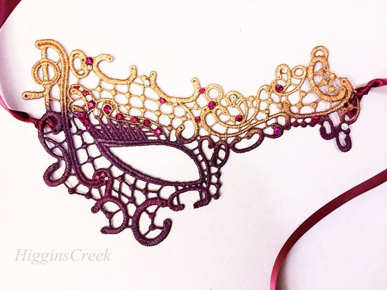 Gold and burgundy lace masquerade mask with rhinestones, elegant Venetian eye mask for women, perfect for masquerade balls, parties, and Halloween costumes.