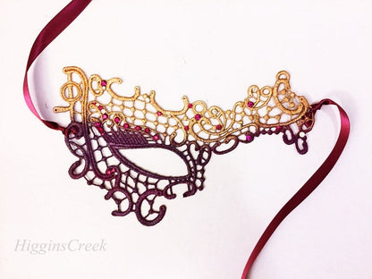 Gold and burgundy lace masquerade mask with rhinestones, elegant Venetian eye mask for women, perfect for masquerade balls, parties, and Halloween costumes.