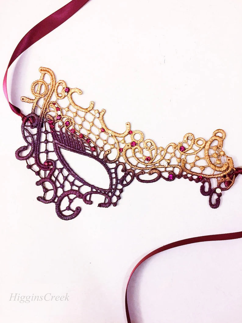 Gold and burgundy lace masquerade mask with rhinestones, elegant Venetian eye mask for women, perfect for masquerade balls, parties, and Halloween costumes.