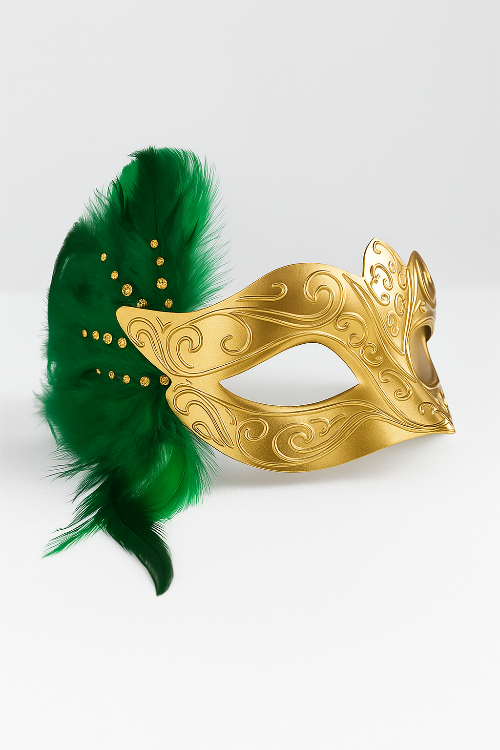 Elegant gold and green feather masquerade mask with rhinestone accents, perfect for Mardi Gras, carnivals, weddings, and prom.