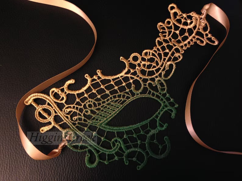 Gold green ombre lace masquerade mask, elegant Mardi Gras eye mask for women, perfect for prom, carnival, and masquerade ball events.
