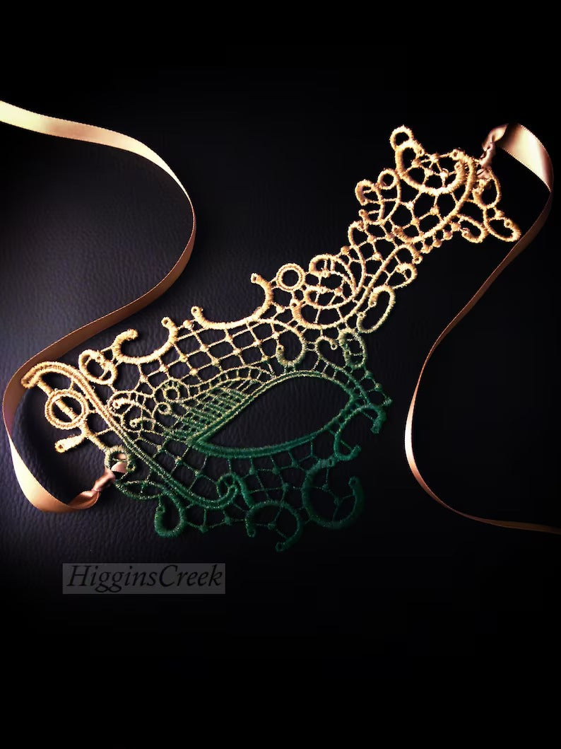 Gold green ombre lace masquerade mask, elegant Mardi Gras eye mask for women, perfect for prom, carnival, and masquerade ball events.