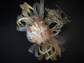 Elegant gold lace masquerade mask with feathers, rhinestones, and floral accents for women, ideal for balls and proms.