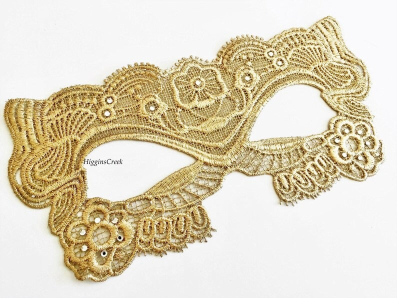 Gold lace masquerade mask for women, Venetian lace eye mask with floral design and satin ties, perfect for masquerade balls, weddings, and Halloween.