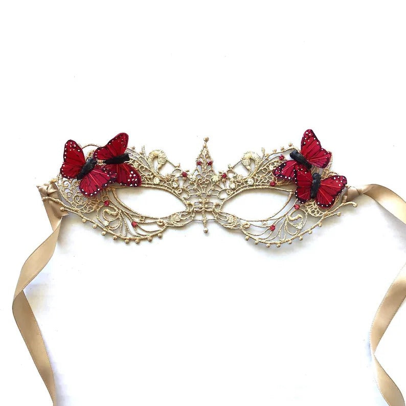 Elegant gold lace masquerade mask with red butterflies, Venetian-inspired lace eye mask for women, perfect for weddings, masquerade balls, prom, and Halloween costumes.