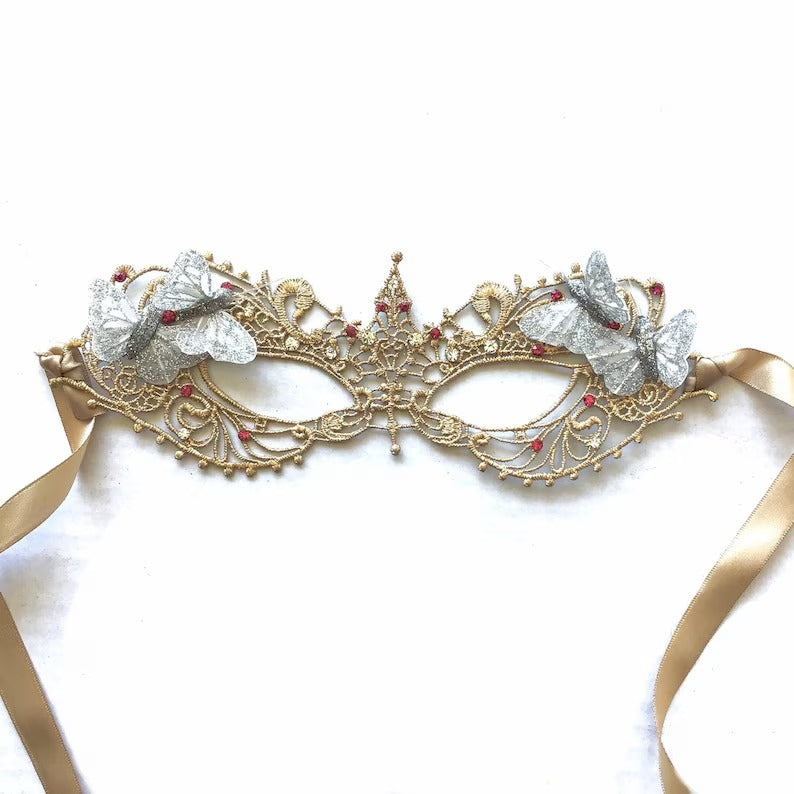 Elegant gold lace masquerade mask with silver butterflies, Venetian lace eye mask for women, perfect for weddings, masquerade balls, prom, and Halloween.