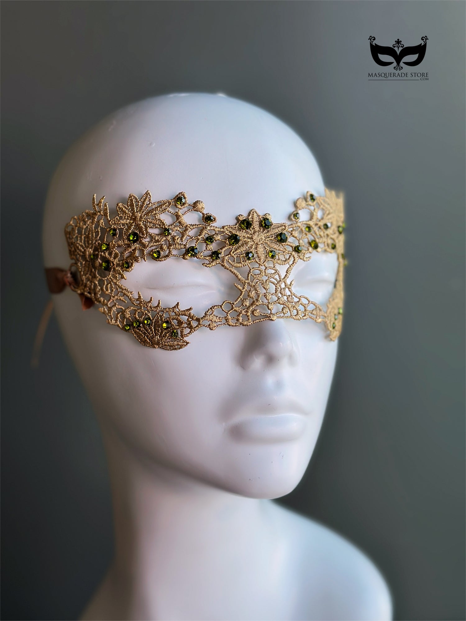 Gold lace Venetian masquerade eye mask with green olive rhinestones for formal events.