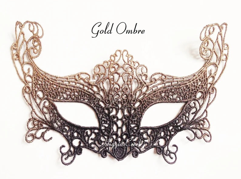 Elegant gold ombre lace masquerade mask, Venetian lace eye mask for women, perfect for masquerade balls, prom, weddings, and Halloween costumes.