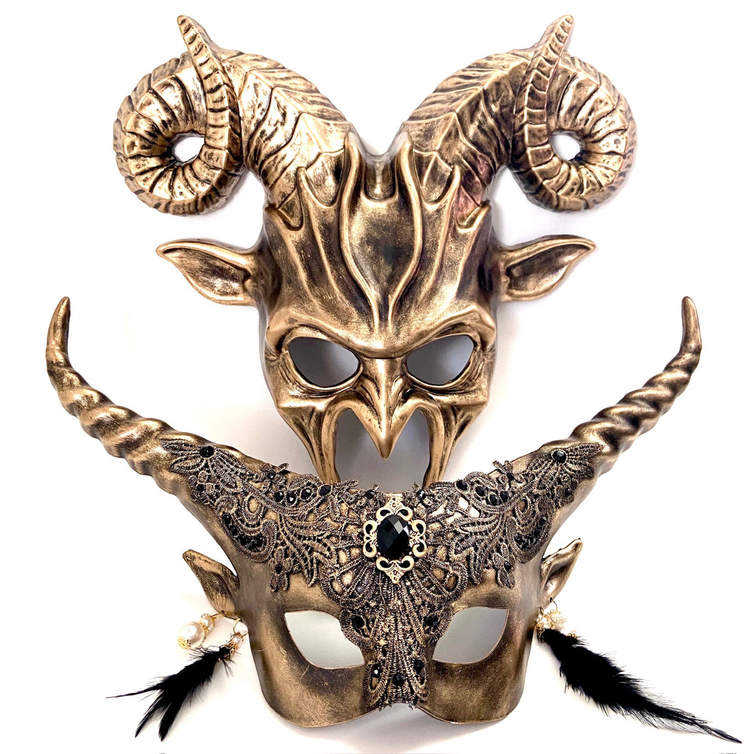 Fantasy gold horn masquerade mask set for men and women.
