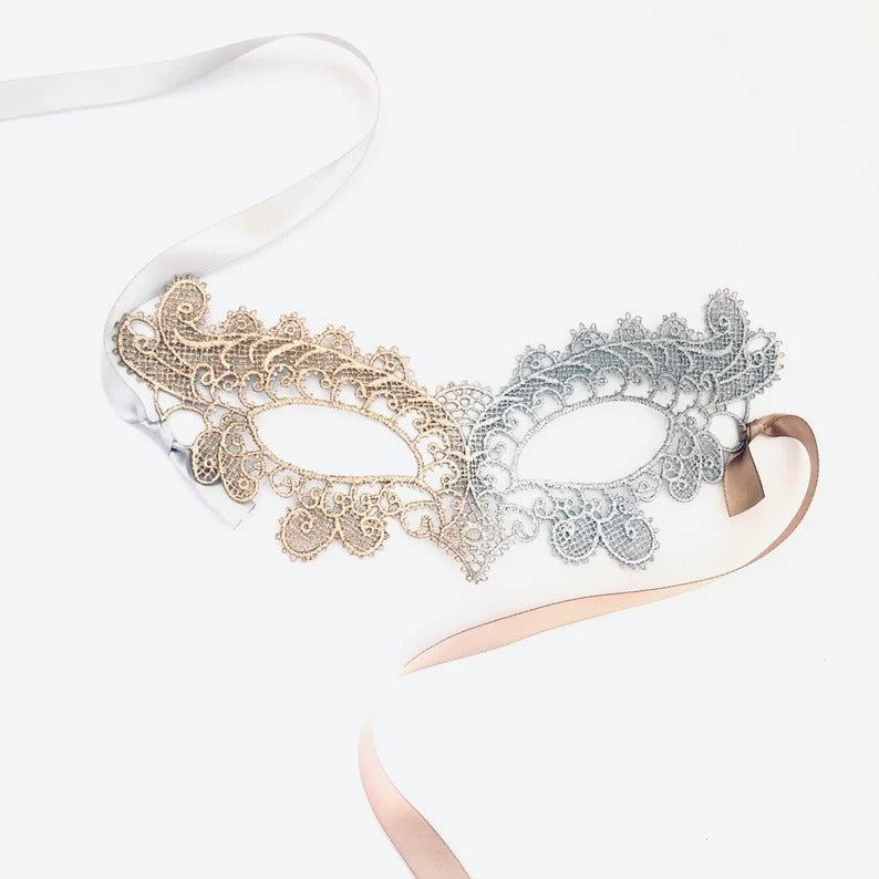 Elegant gold and silver ombre lace masquerade mask with satin ties, lace eye mask for women, perfect for prom, masquerade balls, weddings, and Halloween.