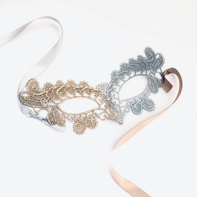 Elegant gold and silver ombre lace masquerade mask with satin ties, lace eye mask for women, perfect for prom, masquerade balls, weddings, and Halloween.