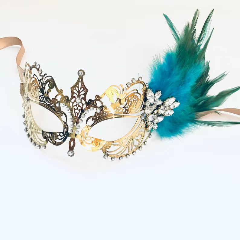 Elegant gold masquerade mask with teal feathers and rhinestones, Venetian style costume mask for women.