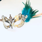 Elegant gold masquerade mask with teal feathers and rhinestones, Venetian style costume mask for women.