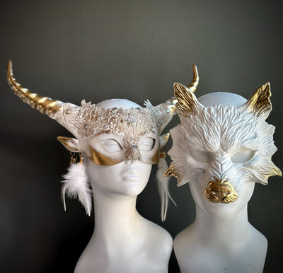 White and gold couples masquerade mask set with antler horn and wolf design