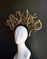 Golden Medusa serpent crown headpiece with lifelike snake sculptures for Greek mythology costumes